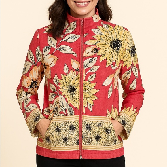 Drapers & Damons Women's Light Jacket Size M Linen Blend Full Zip Floral Print - Picture 1 of 11